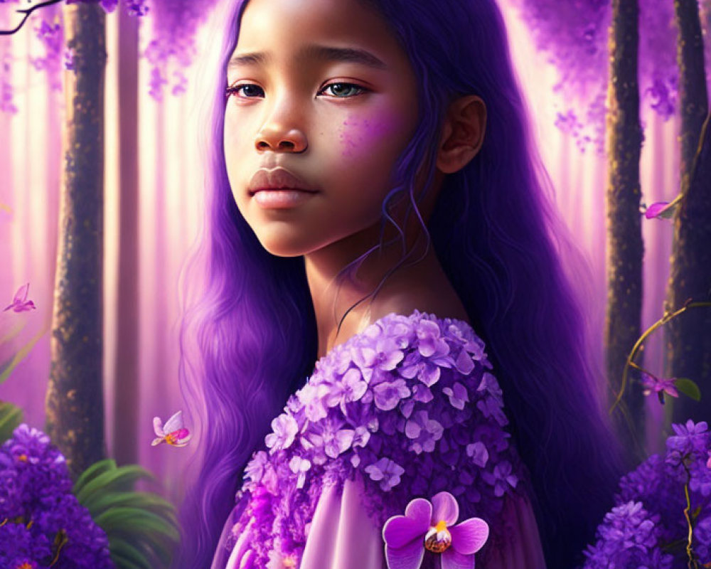 Young girl with purple hair in violet forest with flowers and butterflies