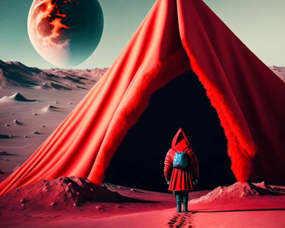 Person in spacesuit near triangular structure on red alien desert with huge planets.