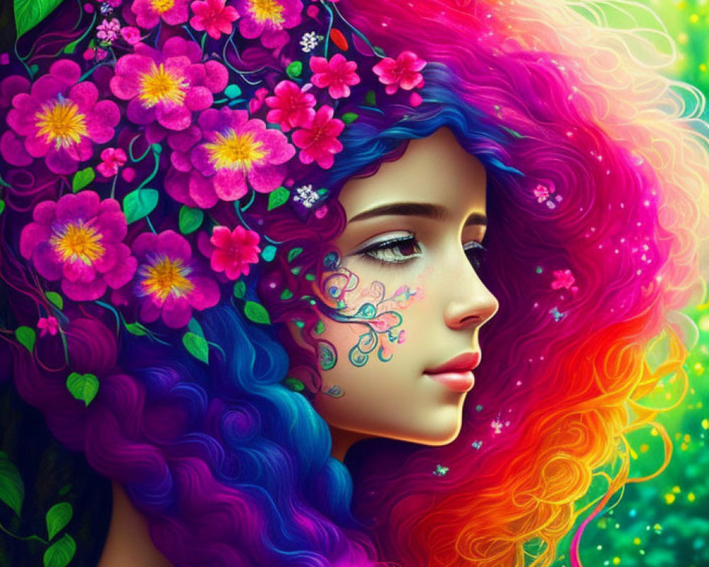 Vibrant Multicolored Hair Woman Illustration with Bright Flowers