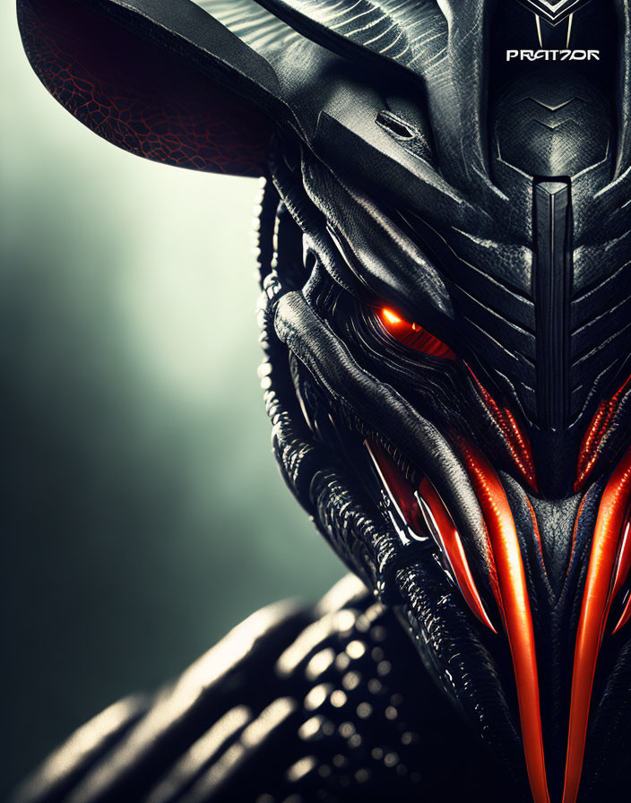 Detailed Predator head with black armor and red eyes on textured skin