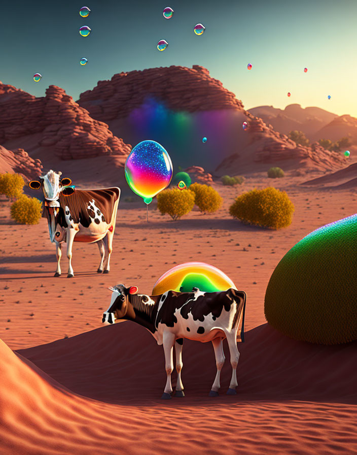 Surreal desert landscape with two cows, colorful bubbles, and large fruits