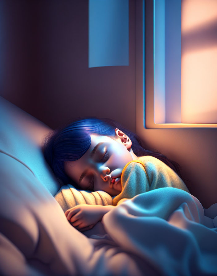 Child peacefully sleeping in cozy, blue-lit room at dawn or dusk