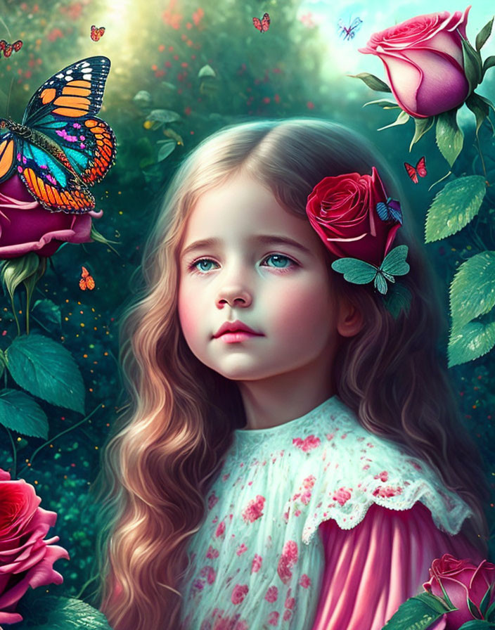 Young girl with wavy hair among vibrant flowers and butterflies in lush garden