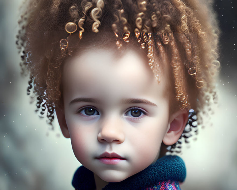 Child with Curly Hair in Blue and Red Garment Portrait Close-Up