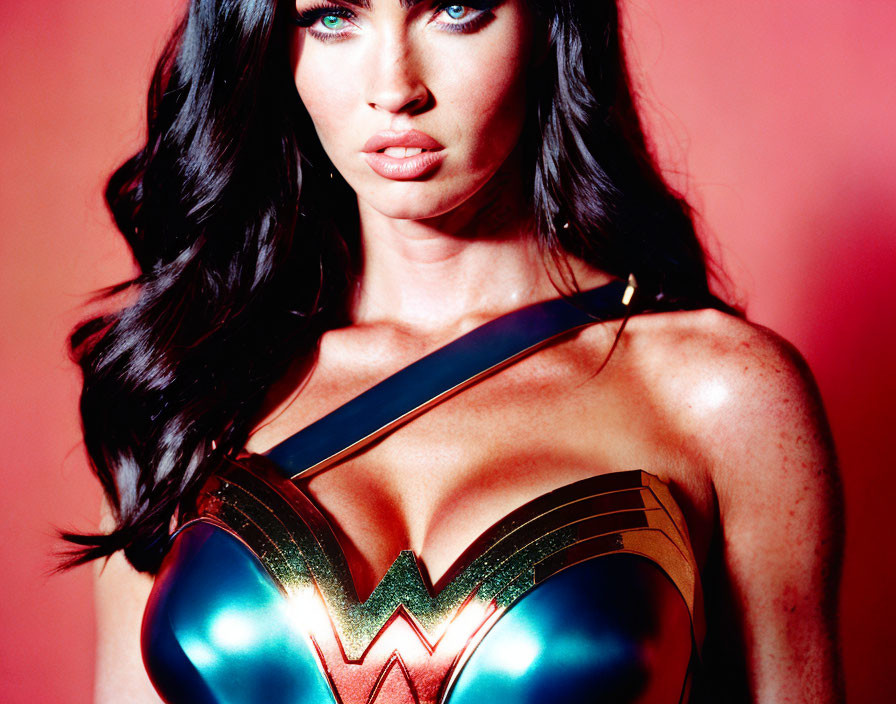 Blue-eyed woman in Wonder Woman costume on pink background