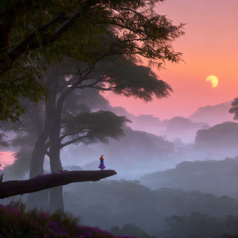 Person standing on tree branch in misty forest at pink sunrise with crescent moon