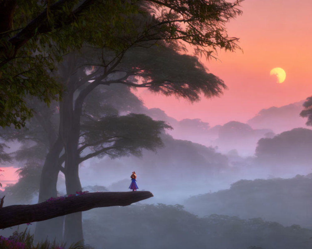 Person standing on tree branch in misty forest at pink sunrise with crescent moon