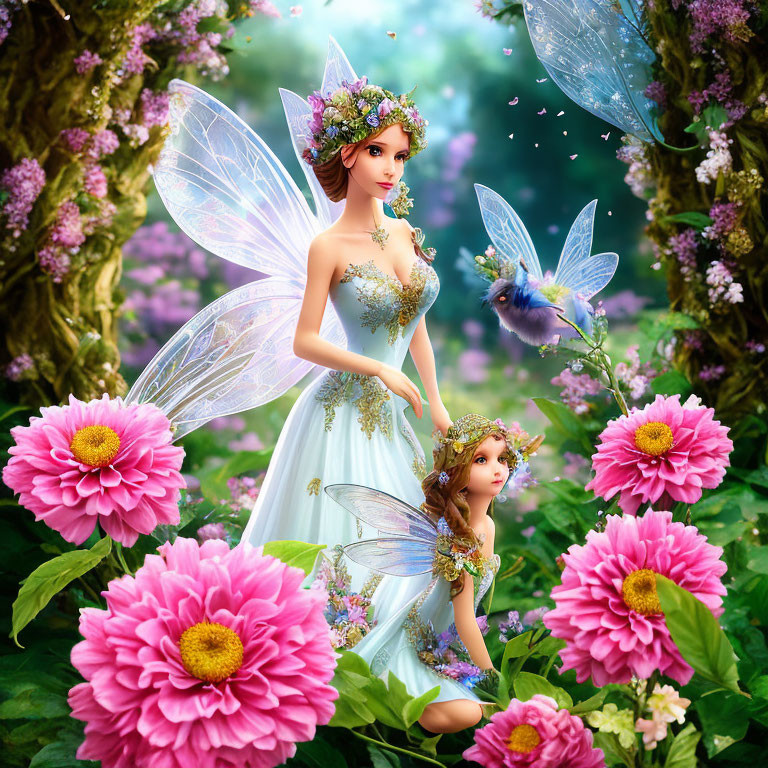 Fairies with butterfly in vibrant flower garden