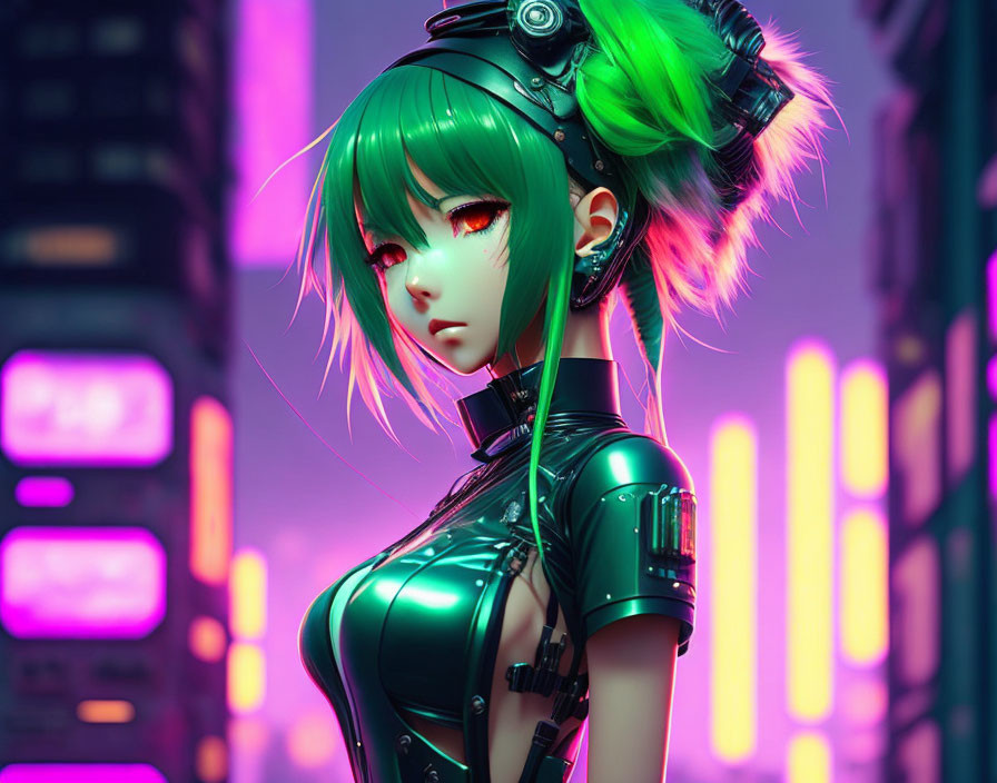 Futuristic cyberpunk character with green hair and red eyes in neon cityscape