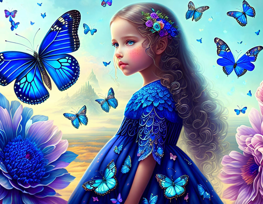 Young girl in blue dress with butterfly motifs, surrounded by vivid butterflies and flowers