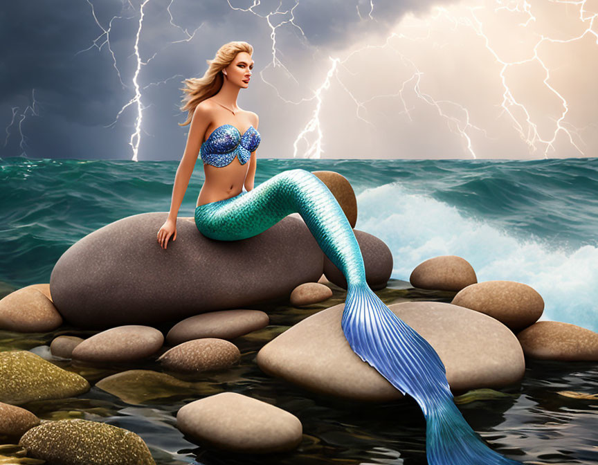 Blond-Haired Mermaid on Rock in Stormy Seas & Lightning