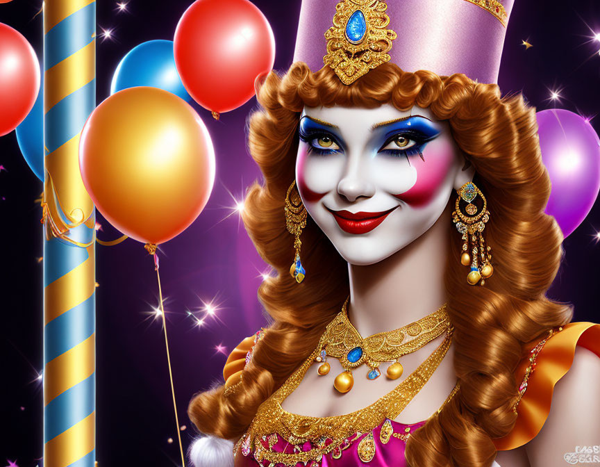 Vibrant female clown illustration with balloons on starry background