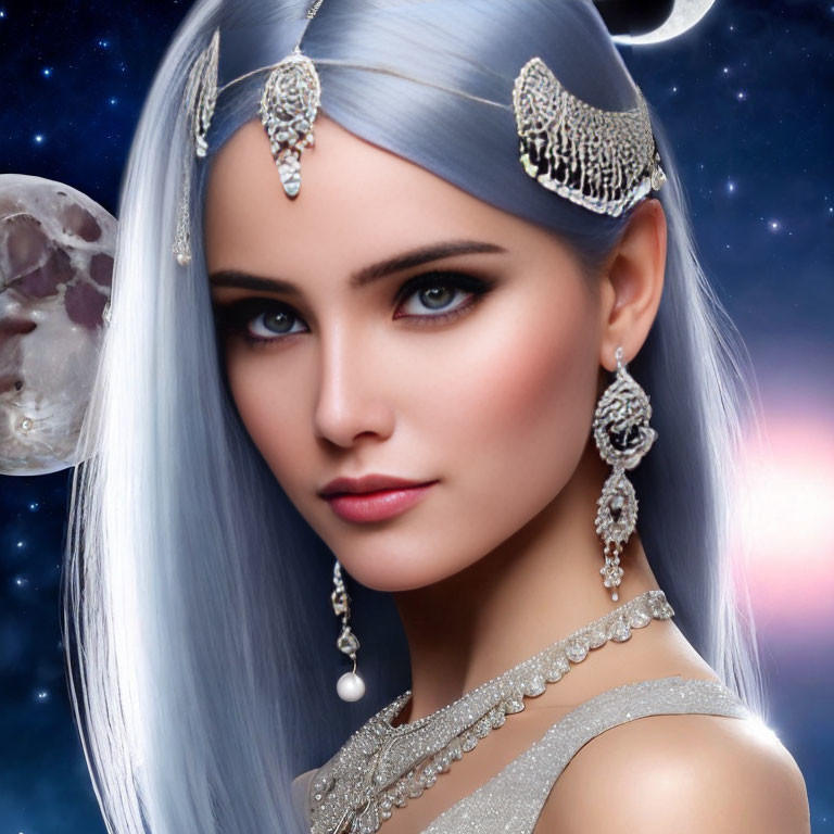 Portrait of a Woman with Silvery Hair and Moon-Themed Jewelry