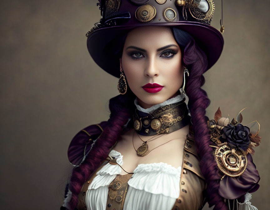 Elaborate Steampunk Costume with Top Hat and Victorian-inspired Attire