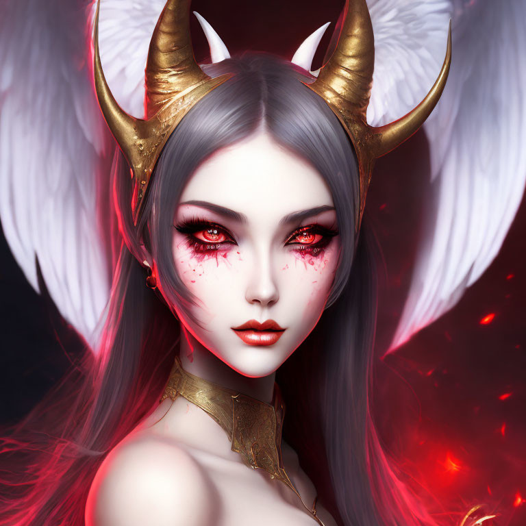 Illustration of character with horns, red eyes, white wings, and golden accents