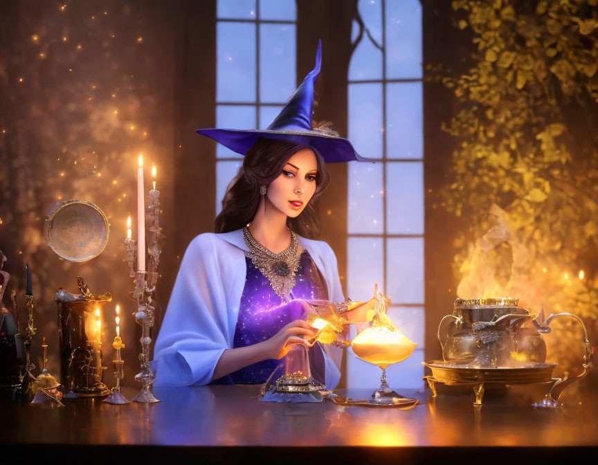 Woman brewing potion in dimly lit room with candles.