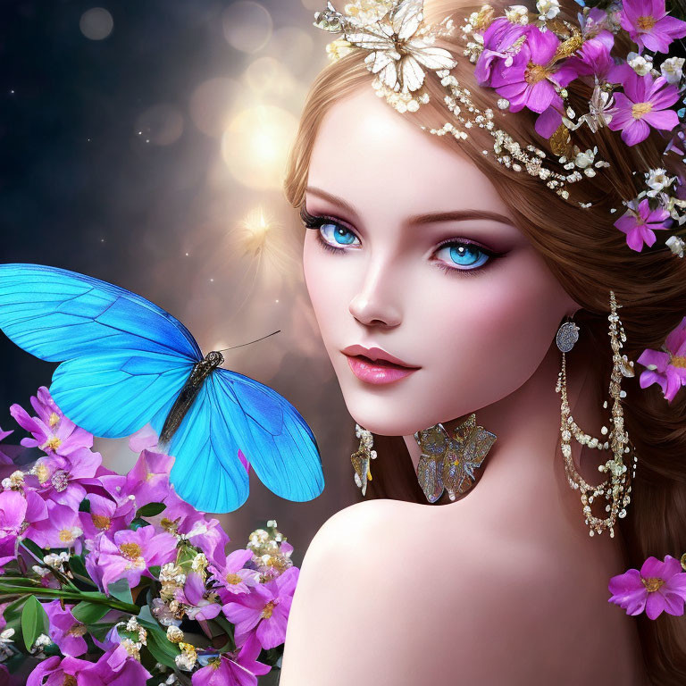 Digital Art Portrait of Woman with Flowers, Blue Butterfly, Blossoms, and Sparkling Lights