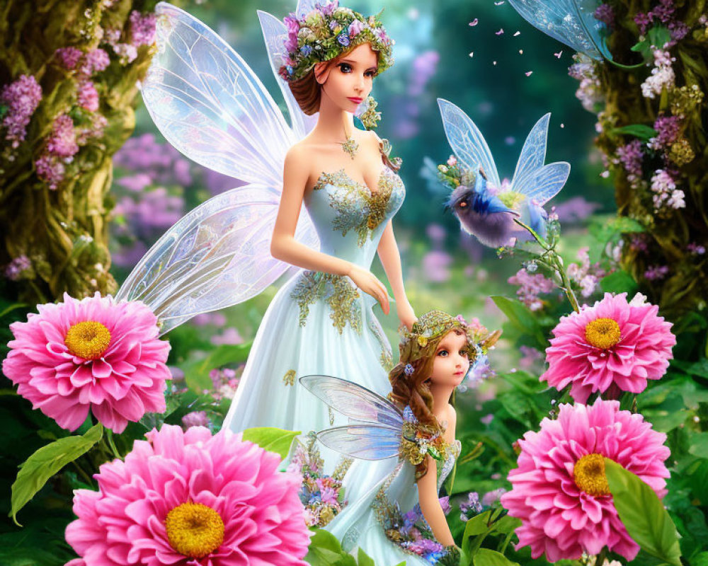 Fairies with butterfly in vibrant flower garden