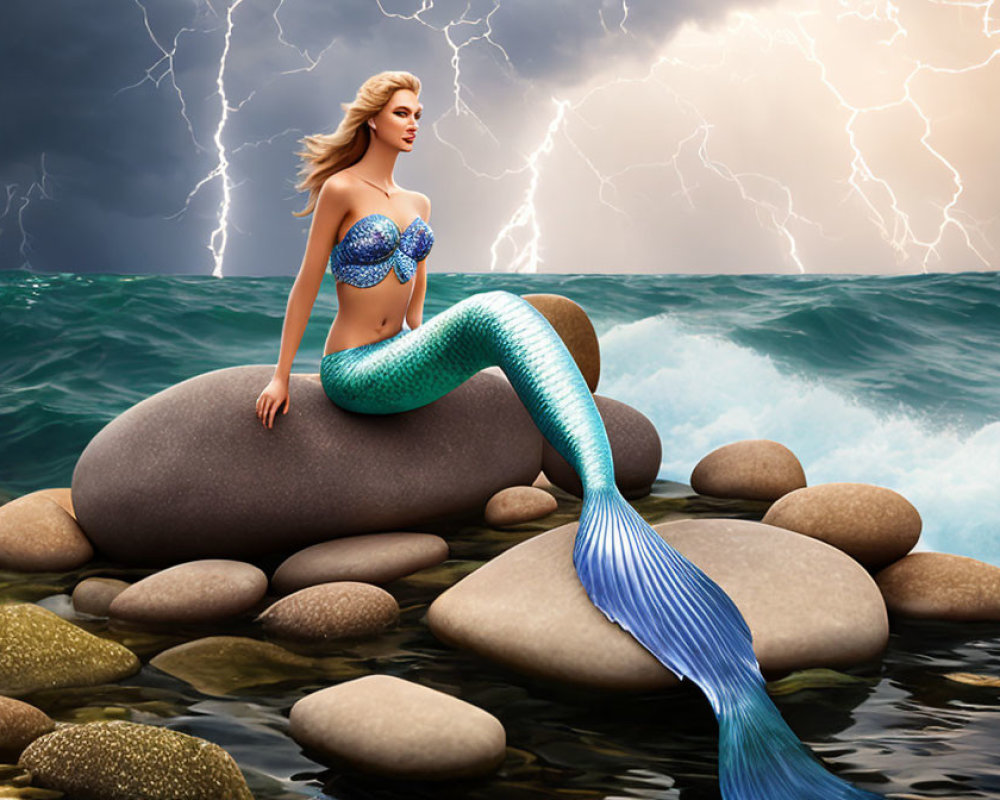 Blond-Haired Mermaid on Rock in Stormy Seas & Lightning