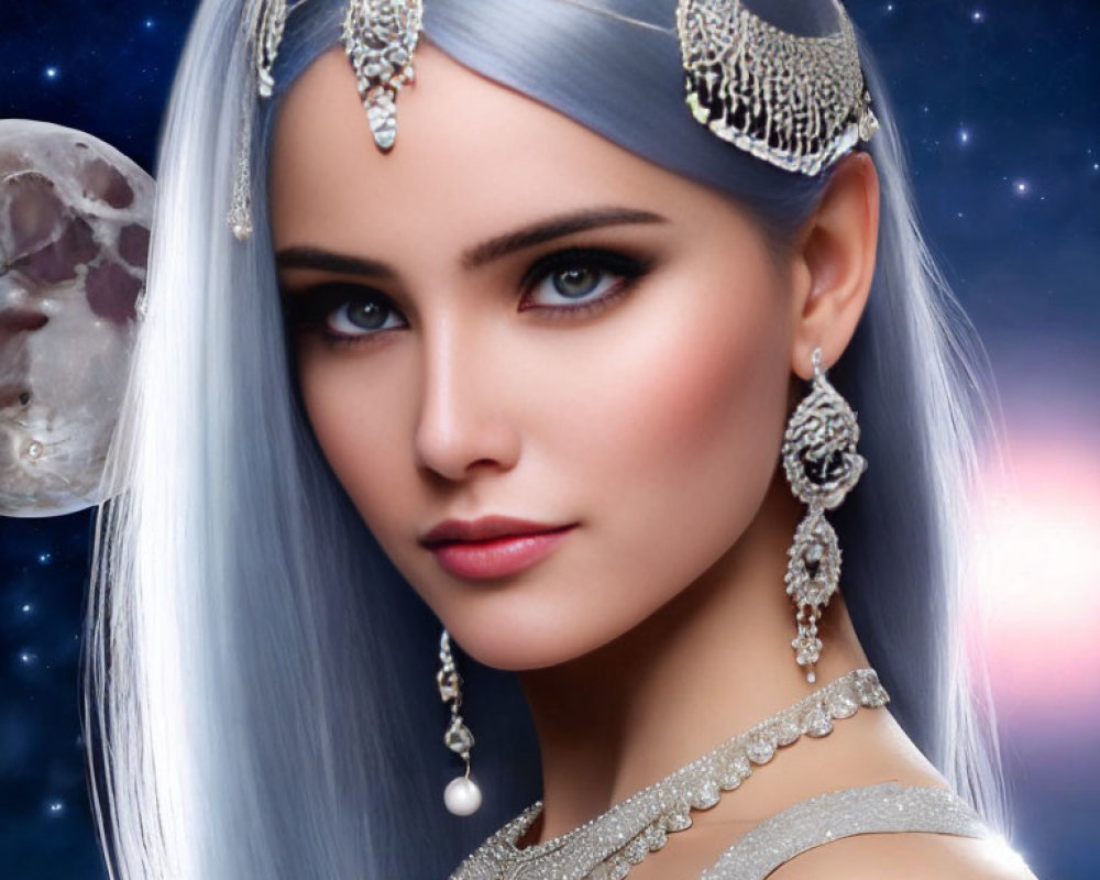 Portrait of a Woman with Silvery Hair and Moon-Themed Jewelry