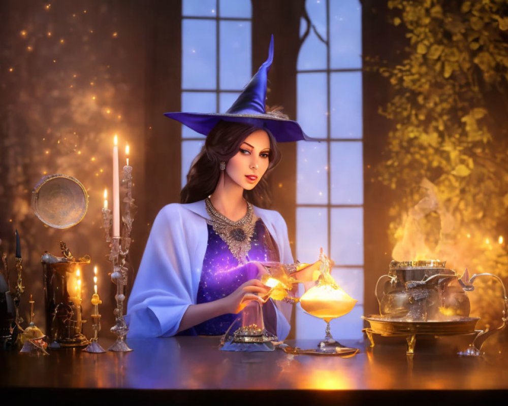 Woman brewing potion in dimly lit room with candles.