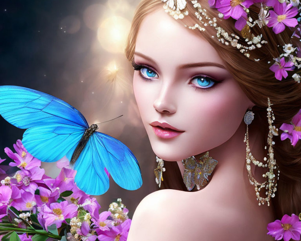 Digital Art Portrait of Woman with Flowers, Blue Butterfly, Blossoms, and Sparkling Lights