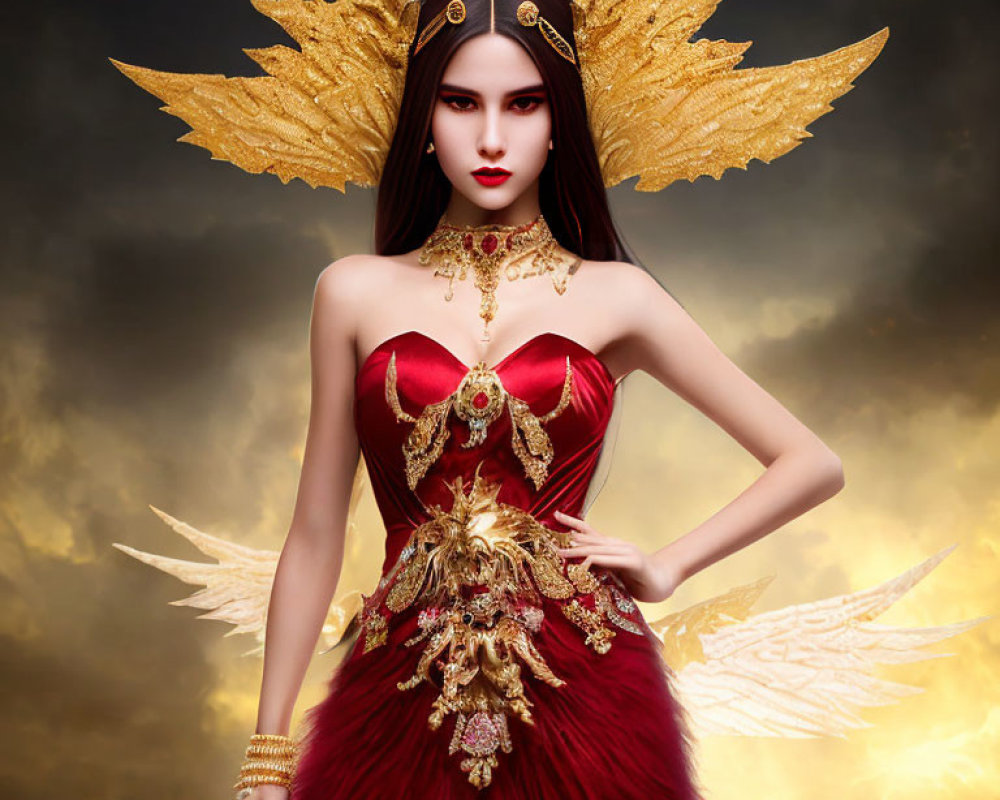 Stylized fantasy portrait of woman with golden winged headgear and ornate dress