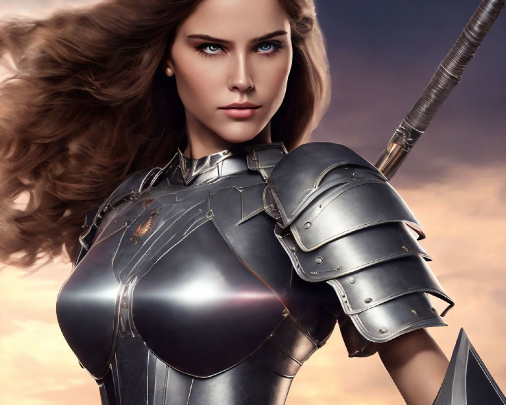 Female warrior in metallic armor with spear under dramatic sky.