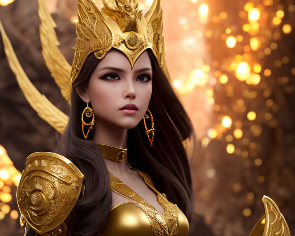 Regal woman in golden armor and crown on bokeh background