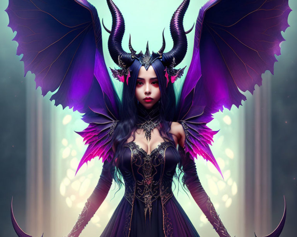 Fantastical female figure with black and purple wings and horns in ornate dress