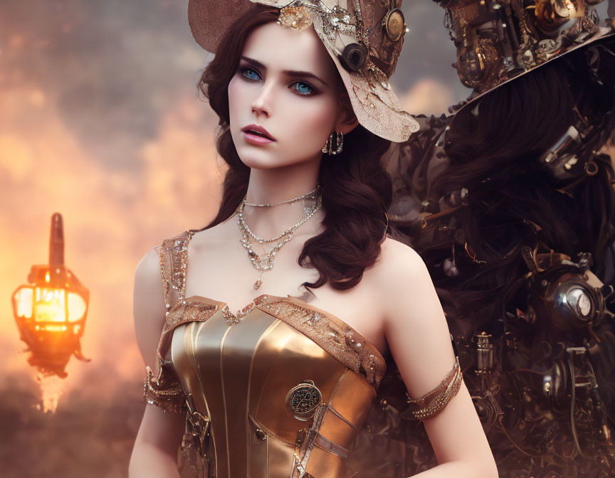 Steampunk-themed woman with corset and gears in front of mechanical background