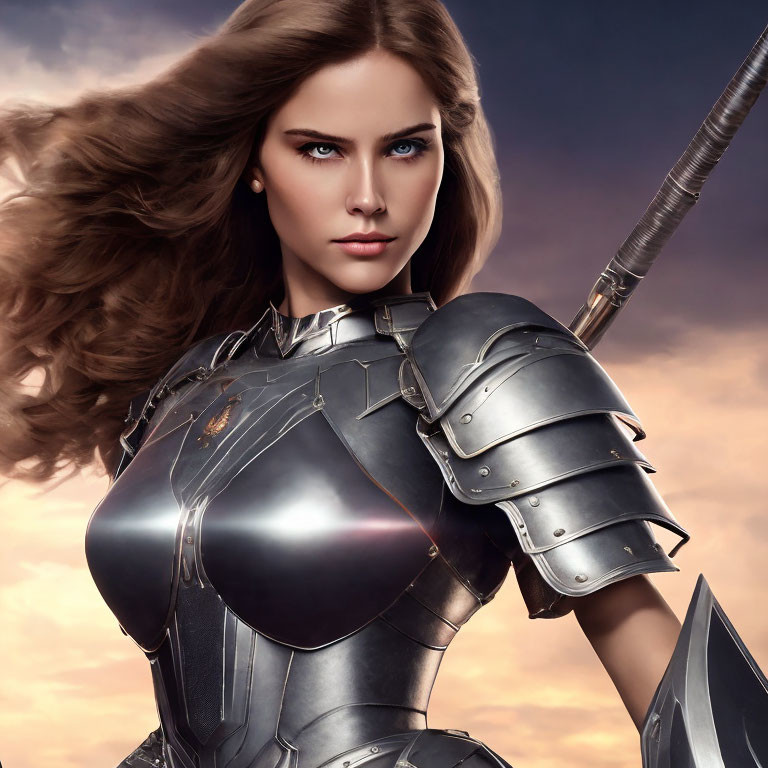 Female warrior in metallic armor with spear under dramatic sky.