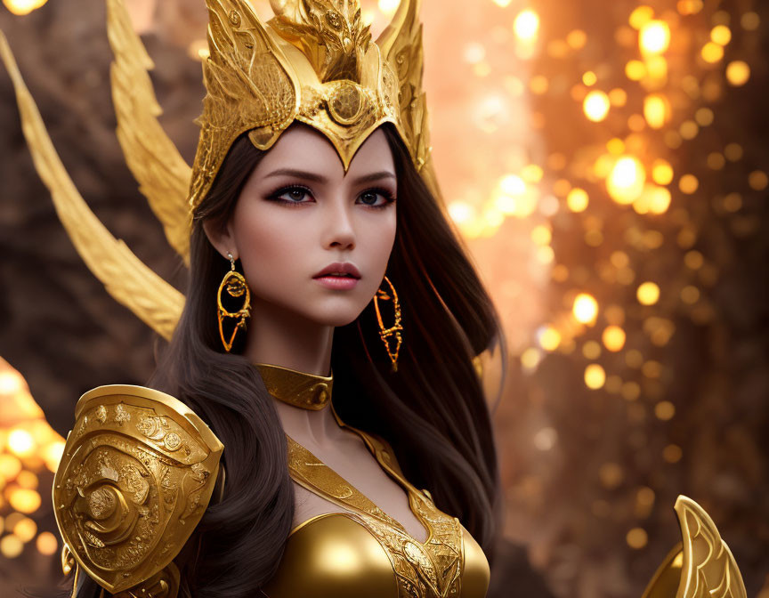 Regal woman in golden armor and crown on bokeh background