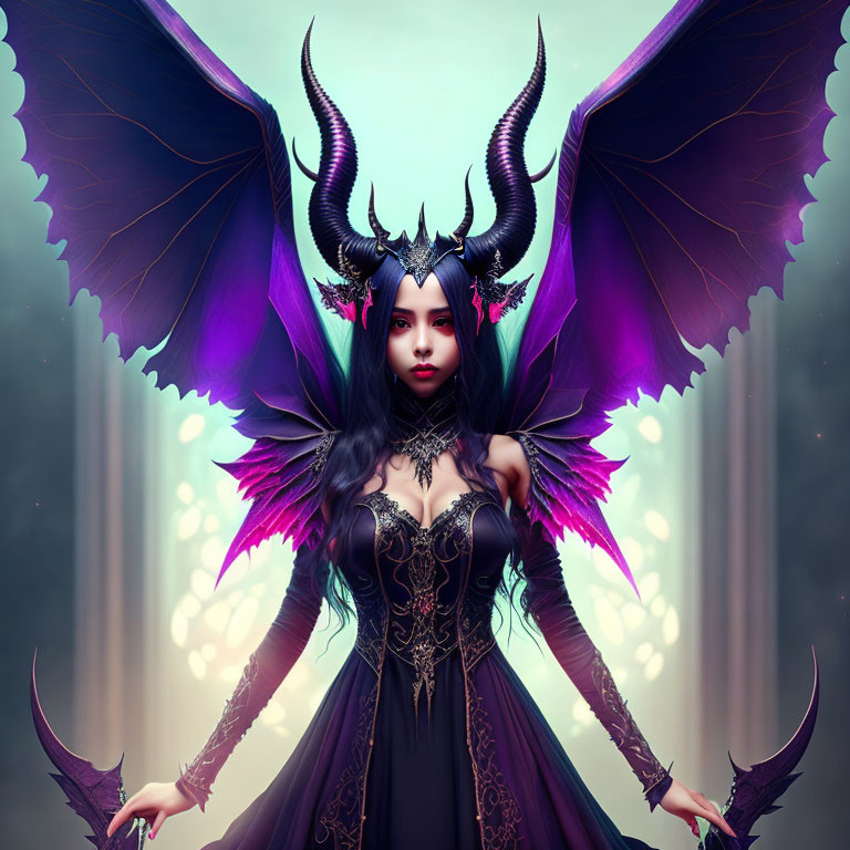 Fantastical female figure with black and purple wings and horns in ornate dress