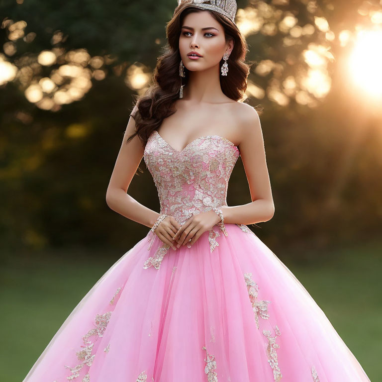 Pink Ball Gown with Lace Appliqués and Tiara Outdoors at Sunset