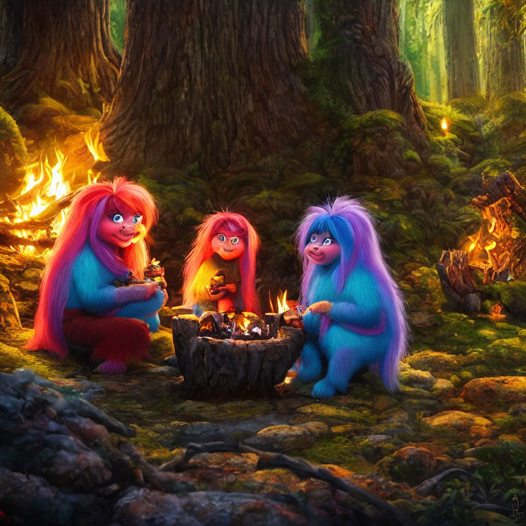 Colorful trolls cooking over fire in enchanted forest.