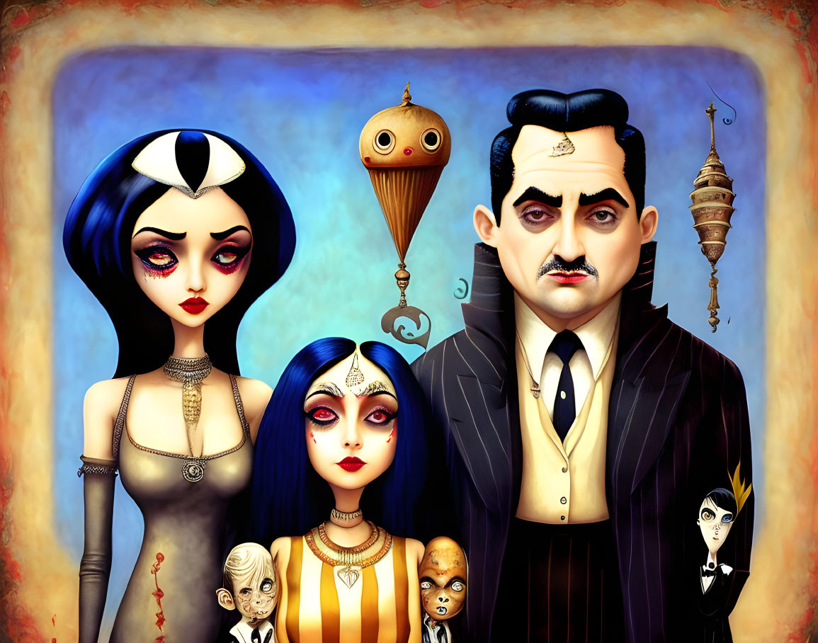 Gothic-styled family illustration with exaggerated features and macabre elements