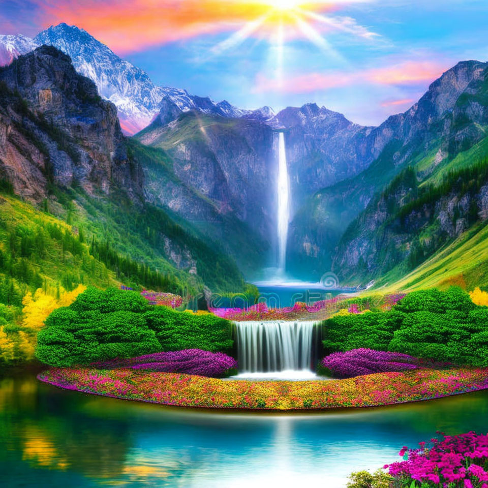 Digitally altered landscape with waterfall, mountains, flowers, and lake