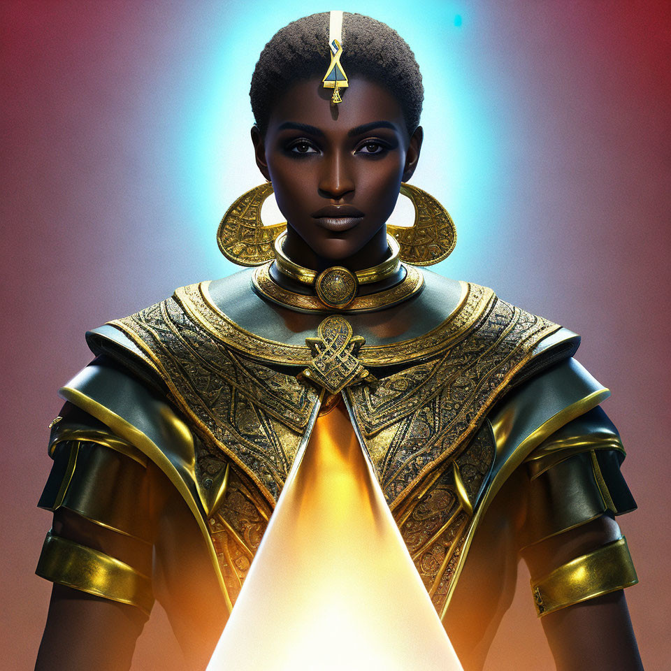 Regal Figure in Gold Armor and Headpiece on Gradient Background