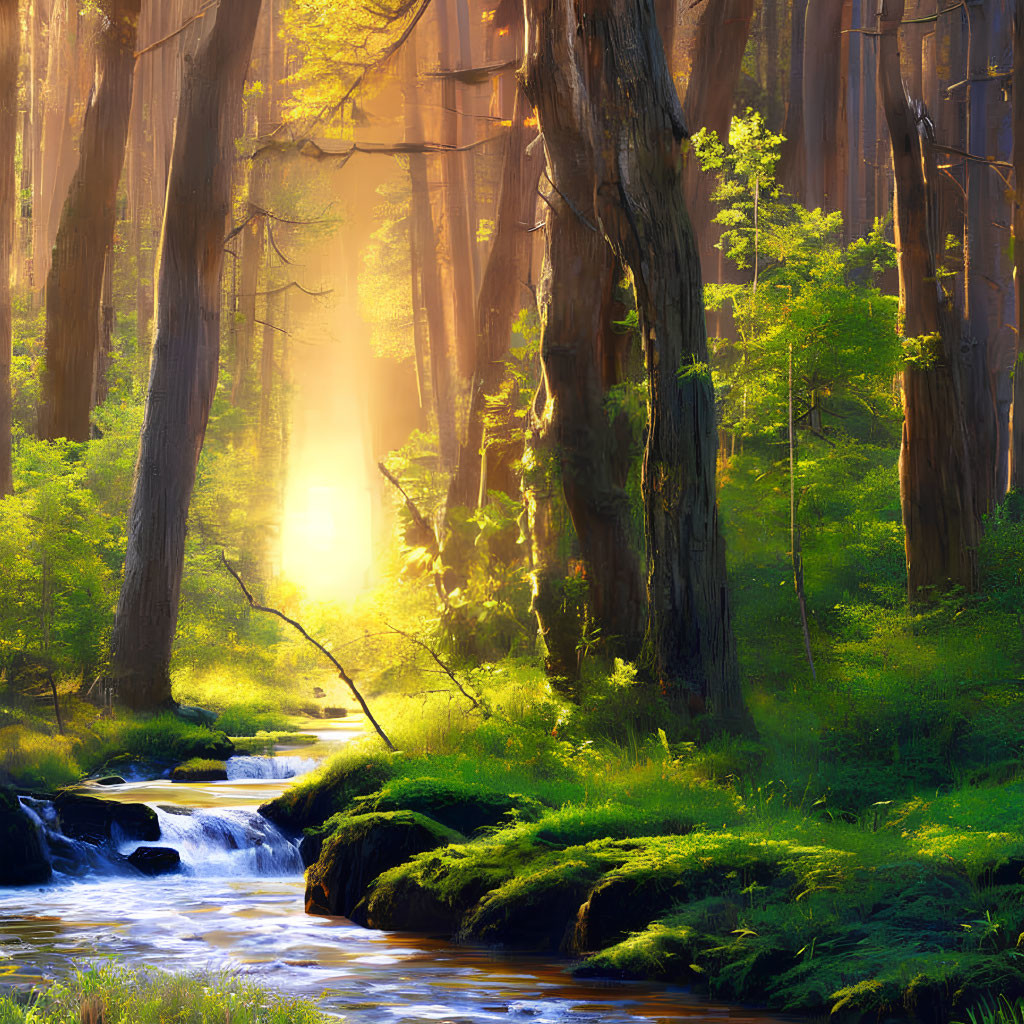 Tranquil stream in lush forest under sunlight