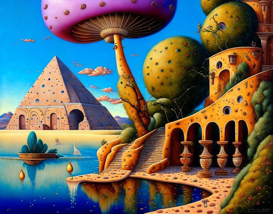 Surreal landscape painting with pyramids, boat, and whimsical architecture