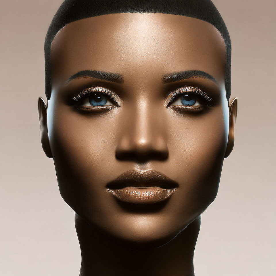 Dark-Skinned Female 3D Rendering with Blue Eyes and Shaved Head