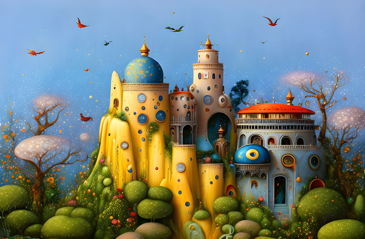 Golden castle with domes and towers in lush landscape with flying birds under blue sky