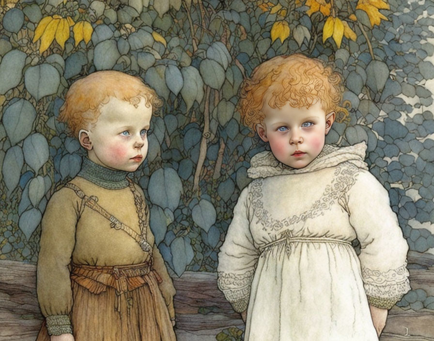 Illustrated Children in Garden with Blue Leaves and Yellow Flowers