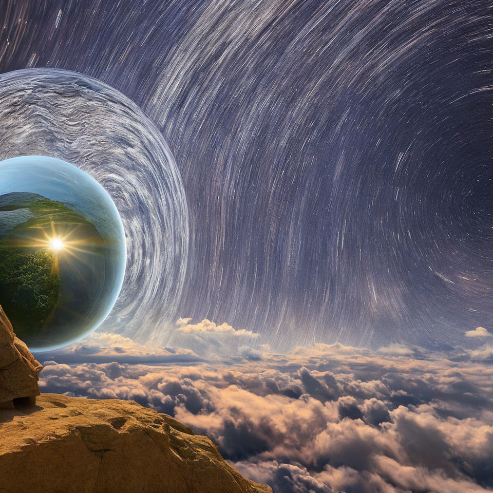 Surreal composite image of large planet rising over cloudy horizon