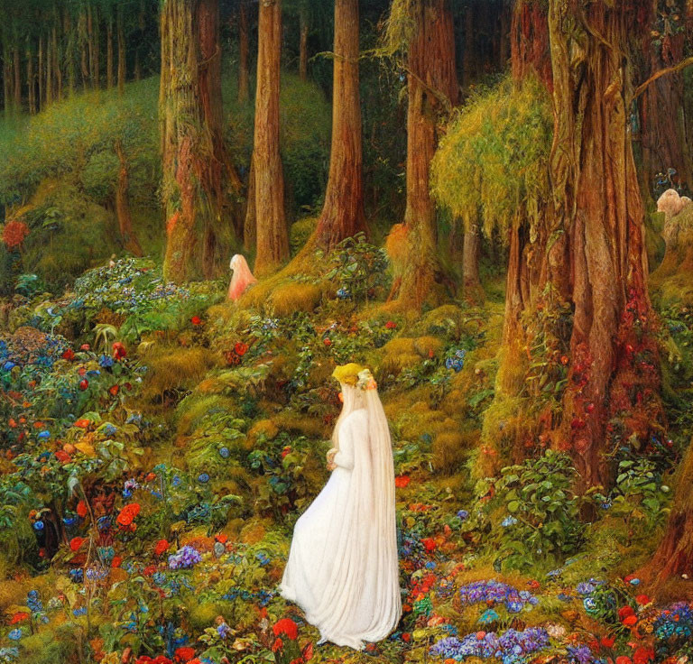 Enchanting forest scene with women in white dresses amid lush flowers