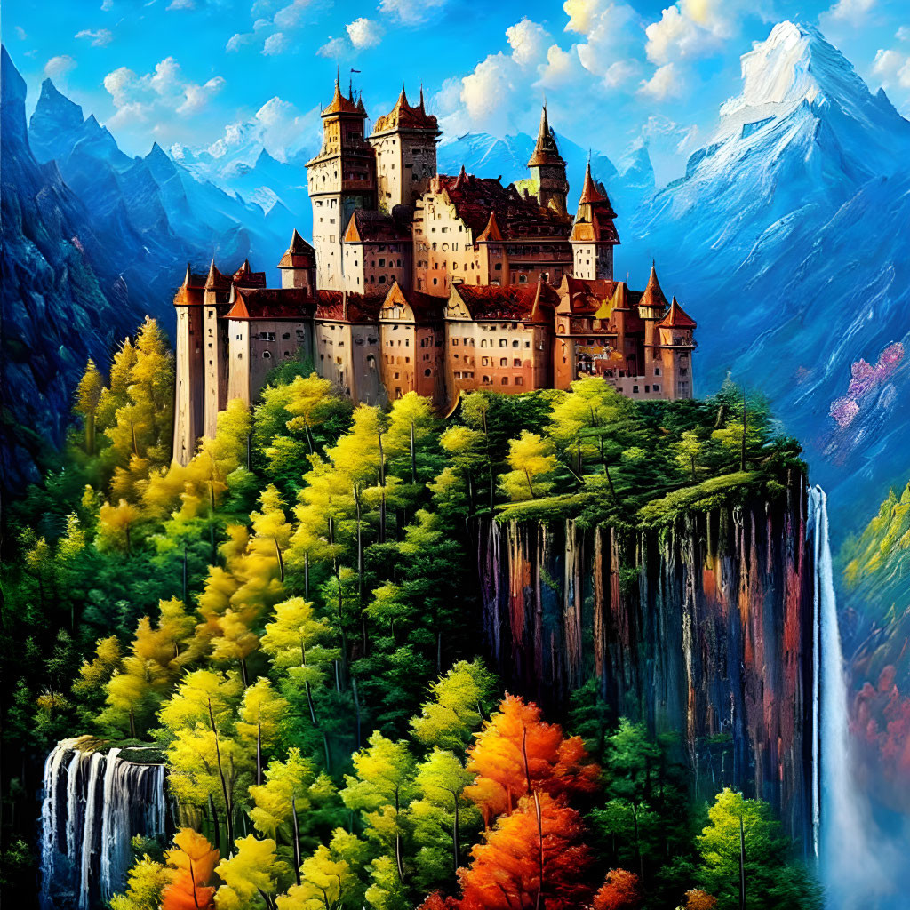 Majestic castle on cliff with autumn trees, waterfall, river, and mountains