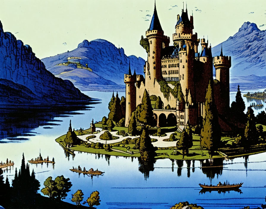 Majestic castle on island with lake, boats, and mountain scenery