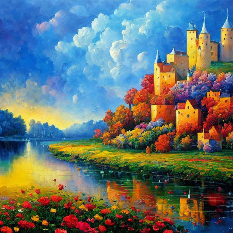 Autumnal castle painting by river with vibrant colors