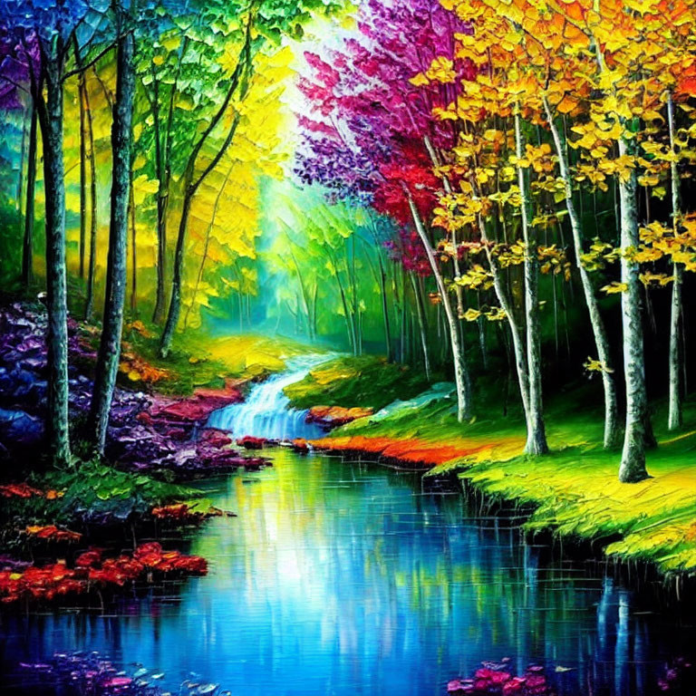 Colorful Autumn Forest Creek Painting with Vibrant Foliage